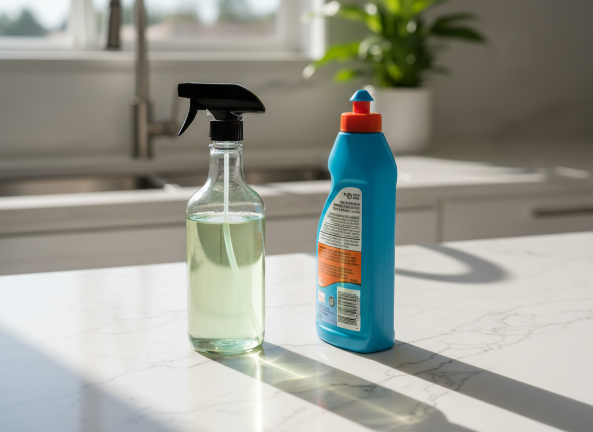 A bright, spotless kitchen countertop displaying a simple cleaning product swap: a clear glass spray bottle filled with pale green natural cleaner beside a colorful plastic bottle of conventional spray turned slightly away. Both sit on a light quartz surface with a stainless steel sink and a leafy houseplant in the softly blurred background. Morning sunlight streams through an unseen window, creating gentle reflections on the glass and subtle shadows on the counter. Photographic realism, eye-level composition with shallow depth of field, emphasizing the glass bottle in crisp focus. The mood is calm, encouraging, and non-judgmental, conveying the idea of one simple change toward a healthier home.