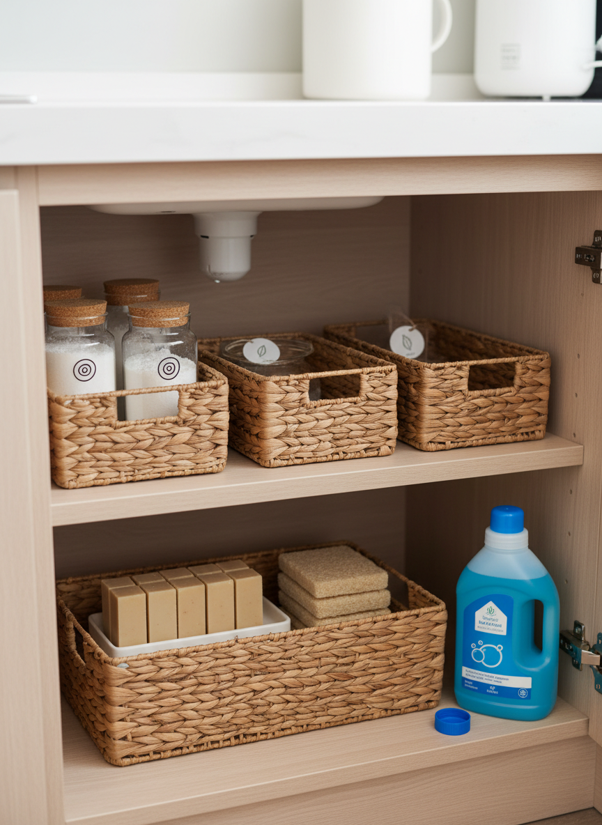 An organized under-sink cabinet in a modern kitchen, neatly arranged with woven baskets holding glass jars of dishwasher powder, bar dish soap on a ceramic tray, and a stack of unbleached compostable sponges. A single bright plastic detergent jug stands at the edge, hinting at a swap in progress. Soft, diffused natural light filters in from the open cabinet door, illuminating clean wood shelving and casting gentle shadows. Photographic realism with a slightly elevated angle and sharp focus throughout, highlighting label-free containers and simple icons instead of text. The atmosphere feels achievable and practical, showing a real-life transition to clean living without looking extreme.