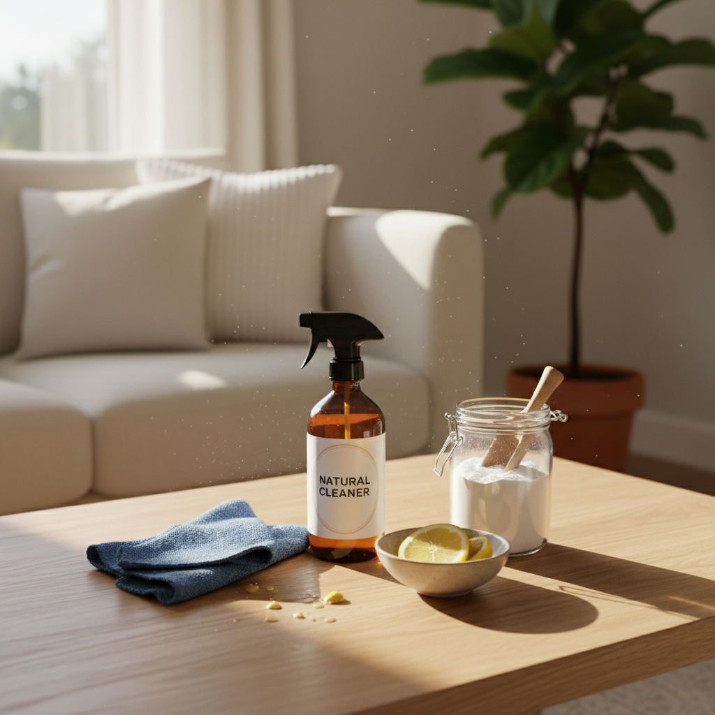 A cozy living room coffee table scene featuring a natural cleaning routine in action: a neatly folded microfiber cloth resting beside an amber glass spray bottle, a small bowl of sliced lemons, and a clear jar of baking soda. The table is light oak, with a soft, neutral sofa and a large leafy plant in the out-of-focus background. Late afternoon light pours in from a nearby window, creating a warm, golden glow and delicate highlights on the glass surfaces. Photographic realism, shot from a three-quarter angle with a balanced composition, evoking a fresh, inviting, and family-friendly space that subtly communicates healthier home choices.