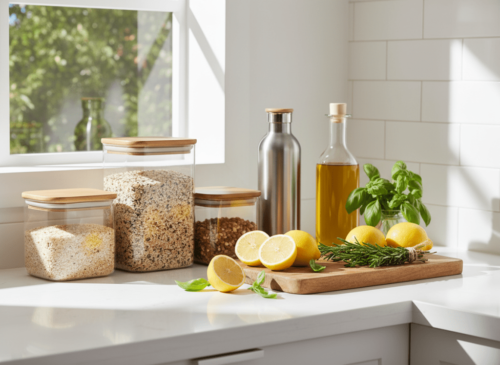A bright white kitchen countertop with glass food storage containers, fresh lemons, a wooden cutting board, olive oil, fresh herbs, and a reusable stainless steel water bottle, with natural sunlight streaming in through a window. Clean, fresh, and inviting aesthetic.