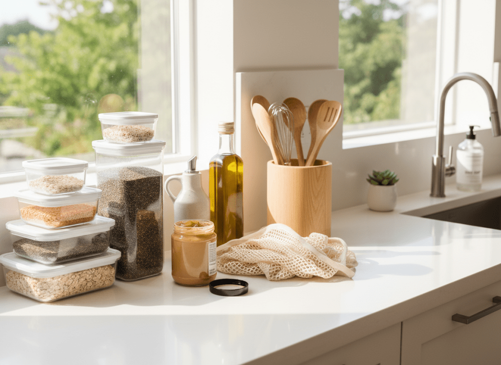 A bright, modern kitchen countertop featuring glass food storage containers, avocado oil, a glass olive oil dispenser, a wooden utensil holder, natural peanut butter, reusable produce bags, and a stylish dish soap bottle next to the sink. White countertops, natural sunlight, fresh greenery, clean and minimal aesthetic, no people, no logos, high-end lifestyle photography.
